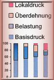 Säulendiagramm der Druckanteile: Basisdruck, Belastung, Überdehnung, Lokaldruck
