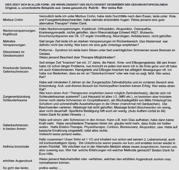 Zusammenstellung von Erfahrungsberichten aus Gesundheitsforen